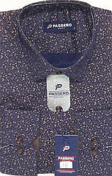 Сорочка чоловіча Passero vd-0036 синя приталені в принт, з довгим рукавом стрейч коттон Туреччина