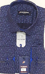 Сорочка чоловіча Passero vd-0038 синя приталені в принт, з довгим рукавом стрейч коттон Туреччина