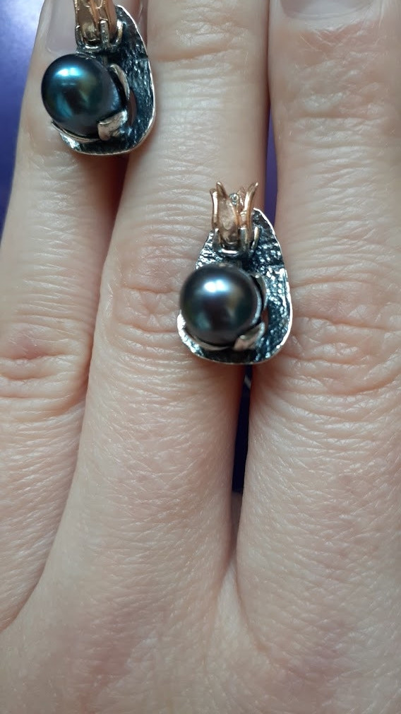 Срібні сережки Жакаранда з позолотою і темною перлинкою, фото 1