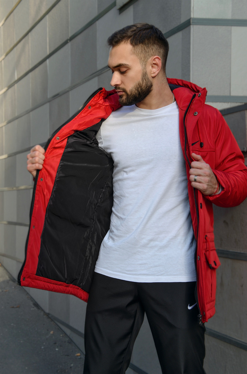 Зимняя мужская парка Найк красная +теплые штаны. Барсетка Nike и перчатки в Подарок. Комплект - фото 5 - id-p933897547