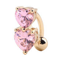 Серьга в пупок с яркими цирконами 2 сердечка золото с розовыми камнями