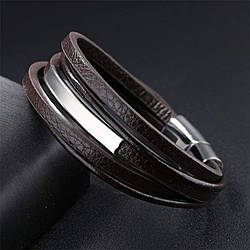 Чоловічий коричневий шкіряний браслет зі сталевою пластиною