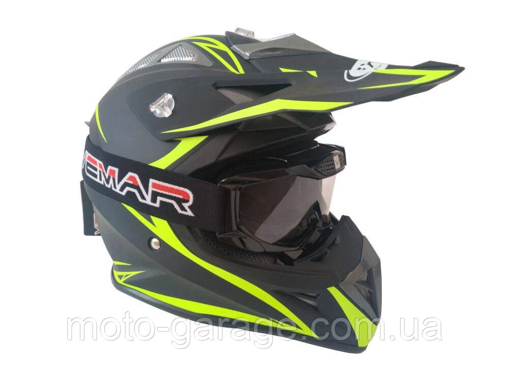 Шолом кросовий HF-116 ЧОРНИЙ матовий із зеленим малюнком, розмір XXL/XL, фото 1