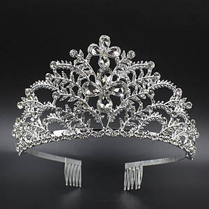 Корона діадема висота 6,5 см на металевій основі з гребінцями сріблястого кольору з кристалами та камінням