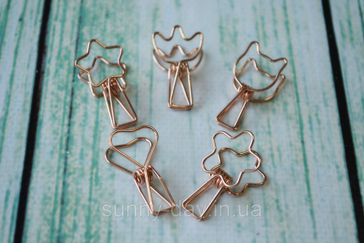 Прищіпки металеві набір — 5 шт., колір — червоне золото, фото 1