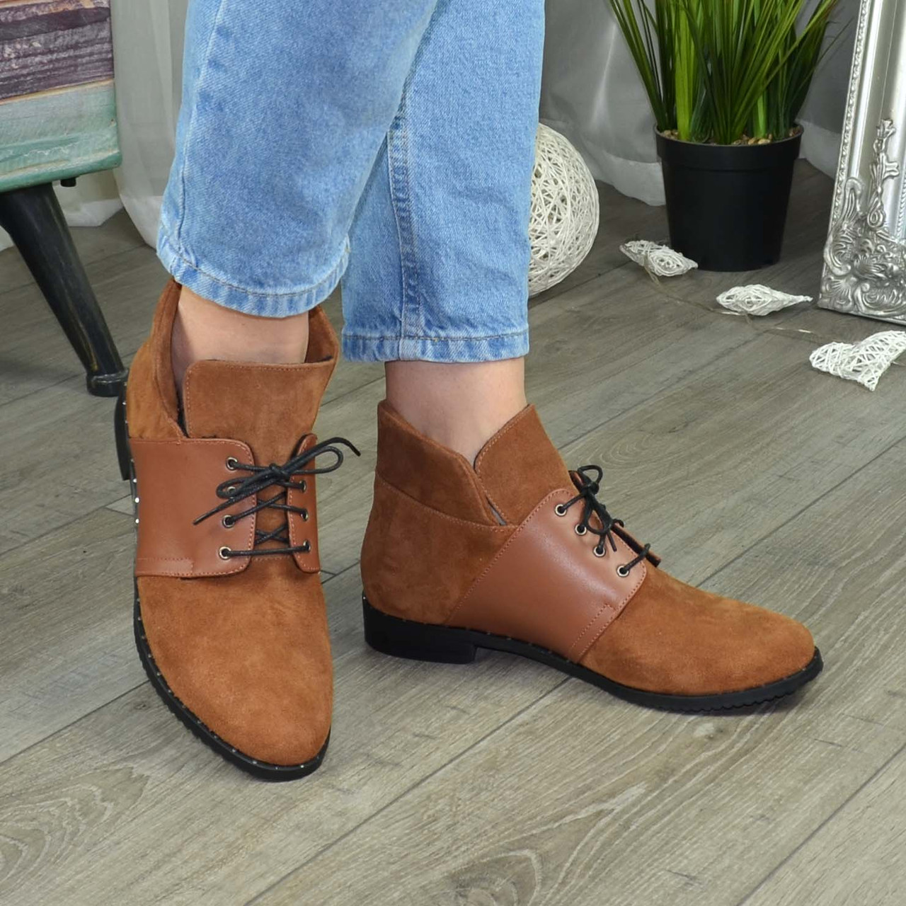 Черевики жіночі руді на невисокому каблуці, фото 1