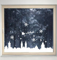 Новогодняя наклейка Силуэт старинного города (декор окон витрин санта снежинки снег) матовая город 970х245 мм