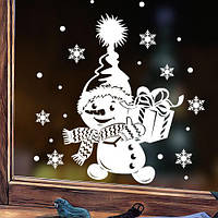 Новогодняя наклейка для витрины Снеговик с подарком (декор окон снеговики снежинки) матовая снеговик 500x700мм
