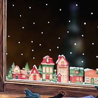 Новогодняя наклейка на окно Акварельный городок (декор окон витрин новогодние украшения) матовая 735х200 мм