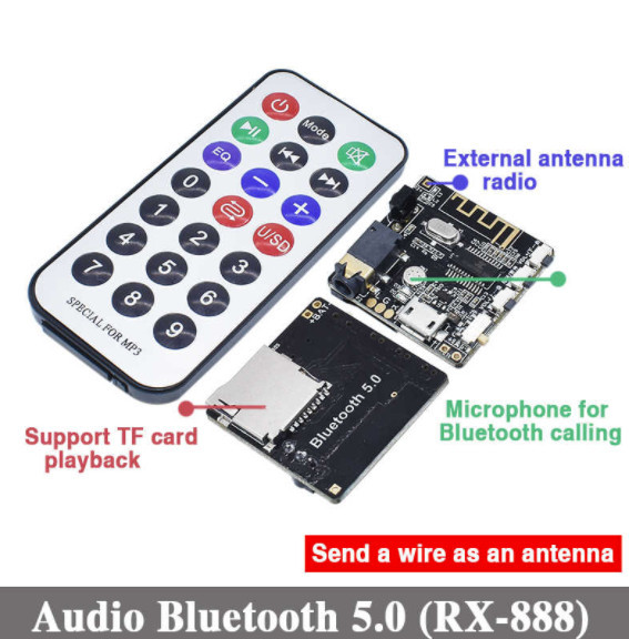 Аудіомодуль приймач RX-888 Bluetooth 5.0, DC 3.7-5В, AUX microSD + Пульт ДК