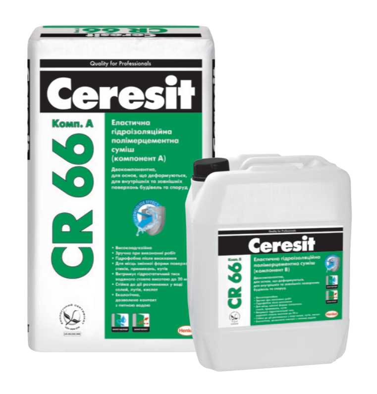 CR 66 Еластична гідроізоляційна суміш Церезит (Ceresit CR-66), двокомпонентна 17,5 кг/5 л.