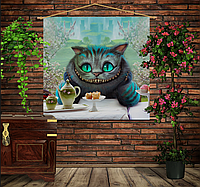Мобильная картина-постер (гобелен) на ткани с 3D с принтом Чеширский кот с чаем