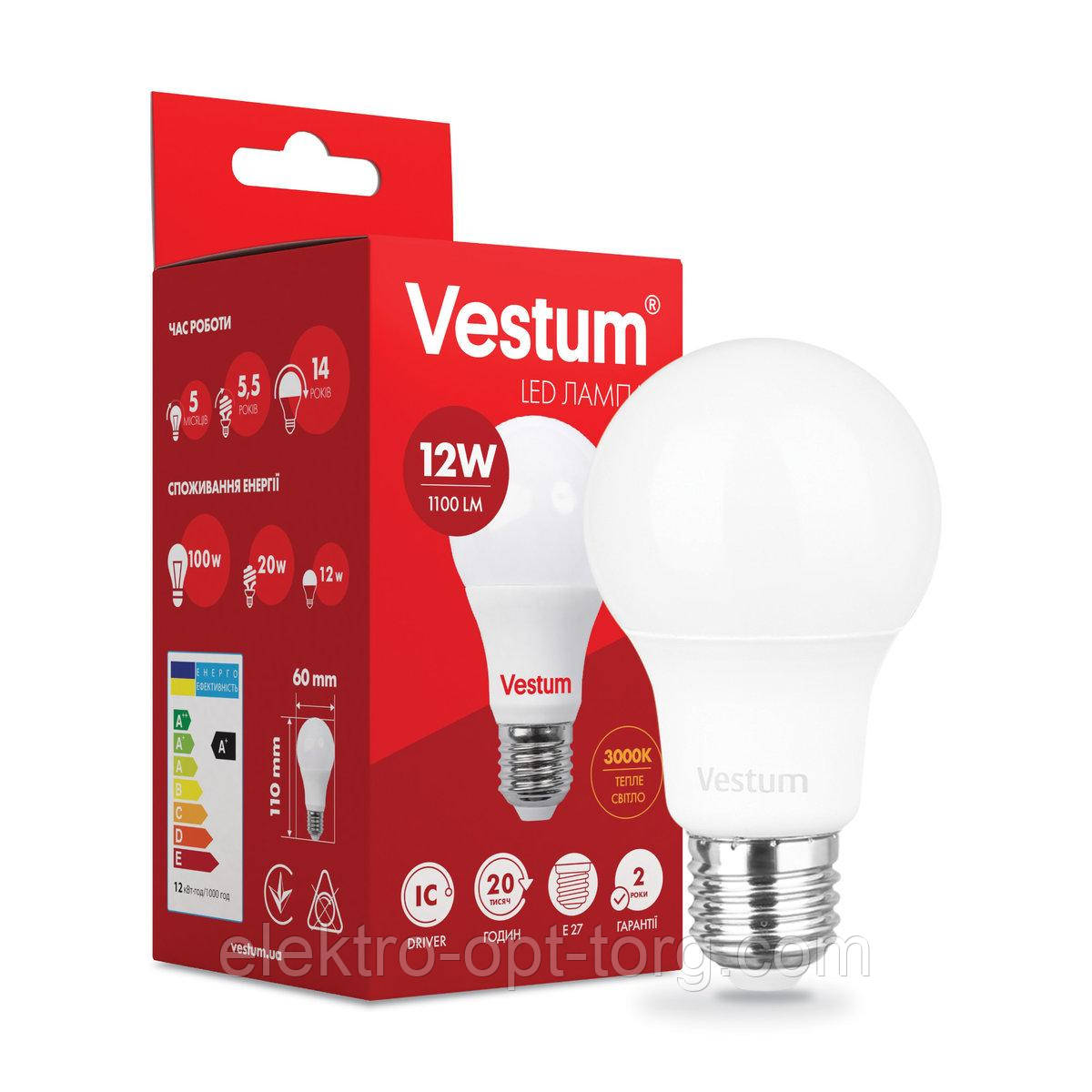Світлодіодна лампа Vestum A60 12 W 3000 K 220 V E27 1-VS-1104