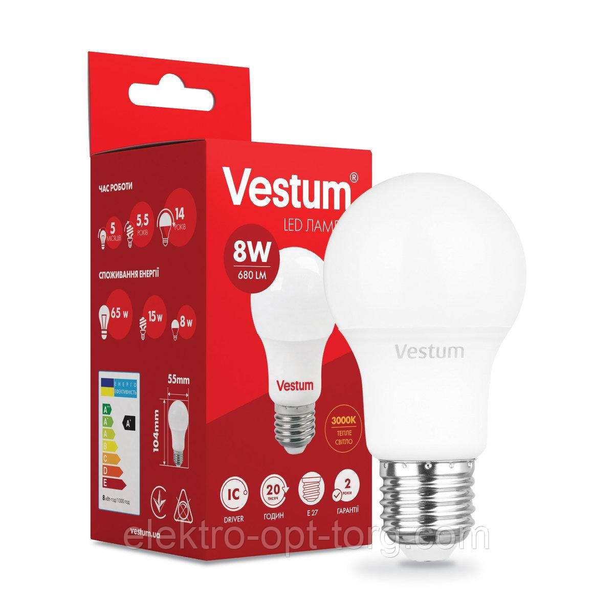 Світлодіодна лампа Vestum A55 8 W 3000 K 220 V E27 1-VS-1108