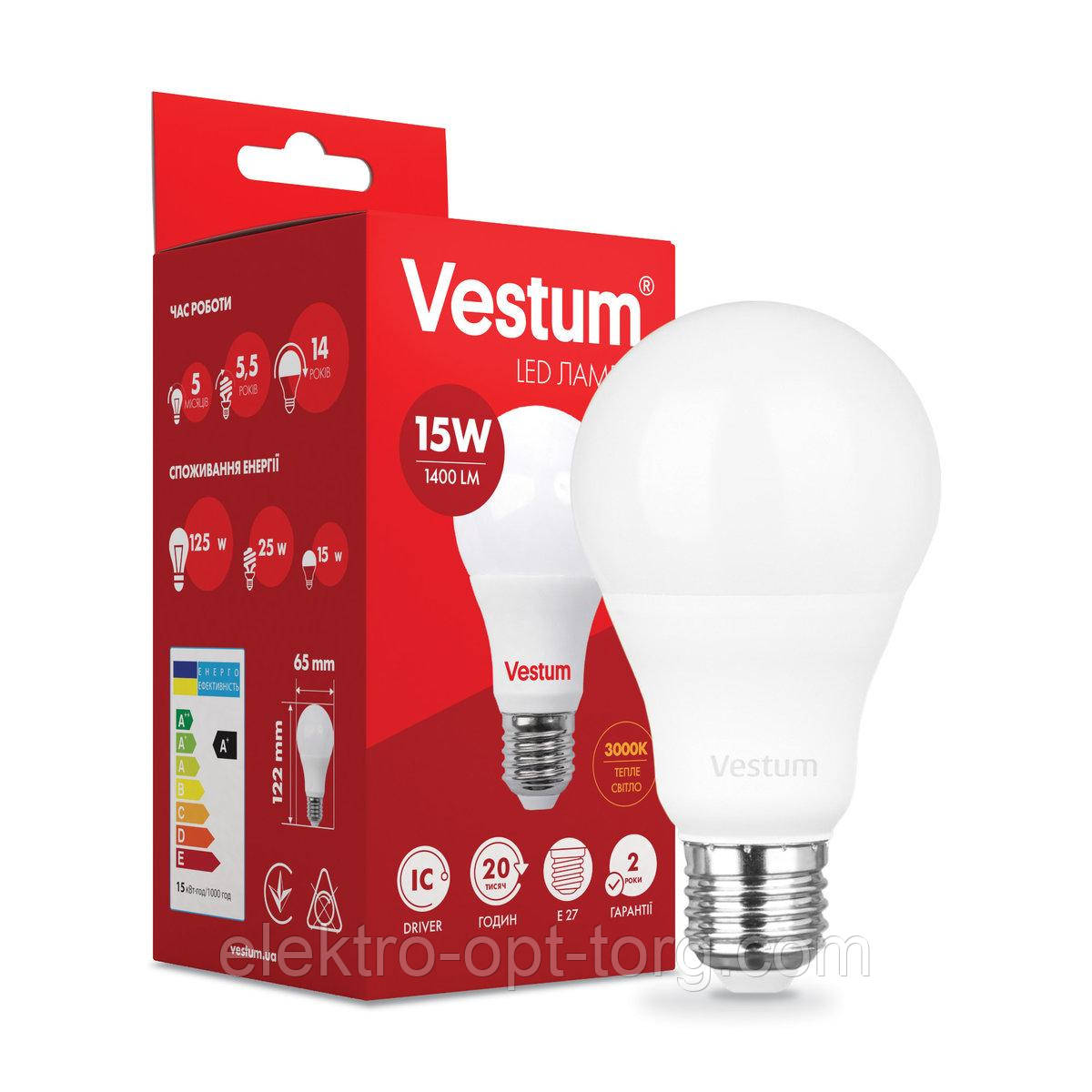 Світлодіодна лампа Vestum A65 15 W 3000 K 220 V E27 1-VS-1102