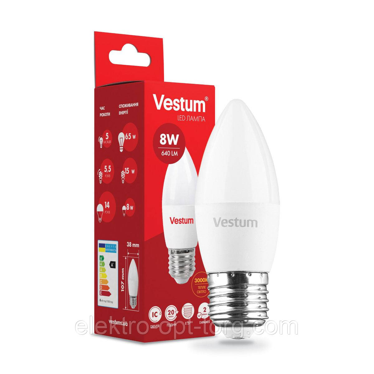 Світлодіодна лампа Vestum C37 8 W 3000 K 220 V E27 1-VS-1310