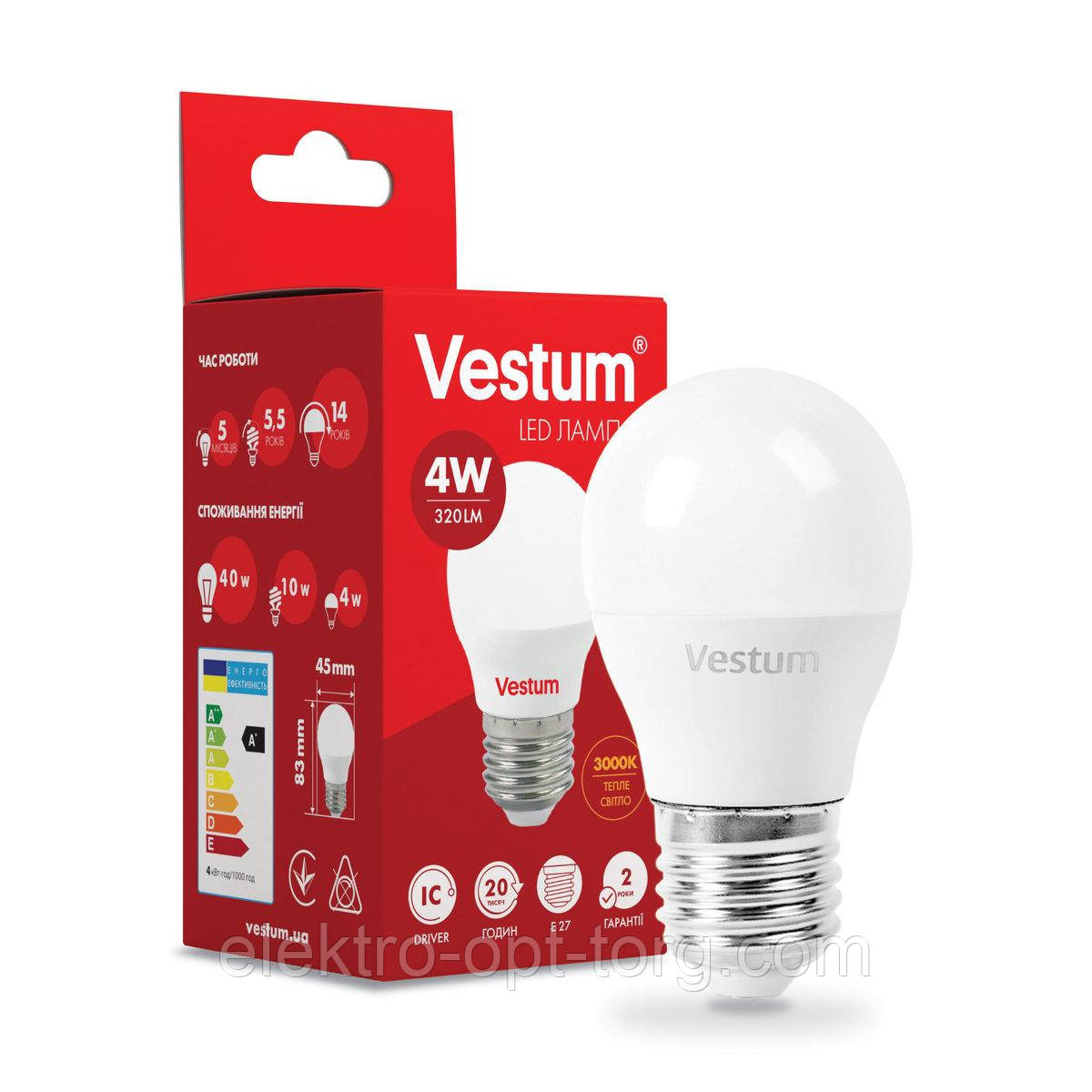 Світлодіодна лампа Vestum G45 4 W 3000 K 220 V E27 1-VS-1206