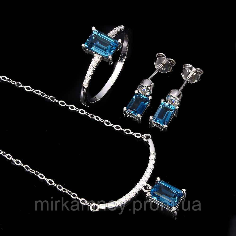 Срібний Ювелірний Комплект Лондон Блу ТОПАЗ (London Blue Topaz). Розмір кільця 18. Форма ограновування Октагон