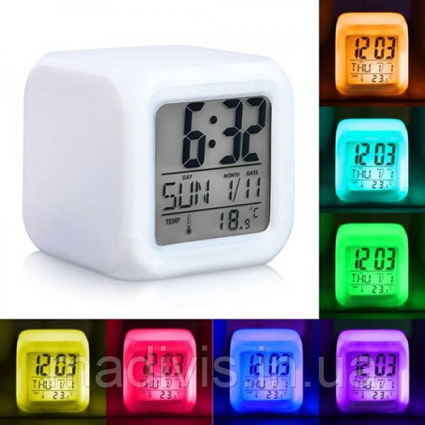 Годинник будильник Glowing Led Color Change Digital Alarm Clock LED, що переливаються багатобарвний хамелеон, кубик, фото 1