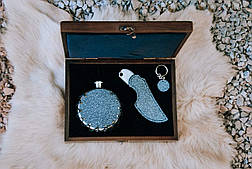 Подарунковий бокс для чоловіків "Storay" з ножем ручної роботи, флягою й брелоком у дерев'яному футлярі, фото 2