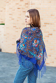 Хустка жіночий модний красивий вовняної з Українським орнаментом LEONORA синього кольору