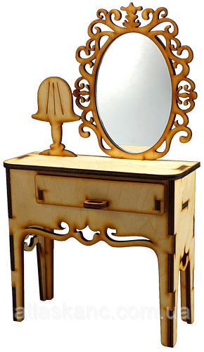 Меблі для ляльок типу Барбі - Дамський стіл з РЕАЛЬНИМ дзеркалом і Лампою з фанери AS-4062, фото 1