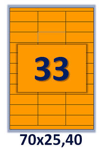 Помаранчеві флуоресцентні етикетки на А4: 33 шт. Розмір: 70х25,4 мм.