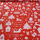 Бавовняна тканина новорічна з ялинками і оленями на червоному, ш. 160 см, фото 2