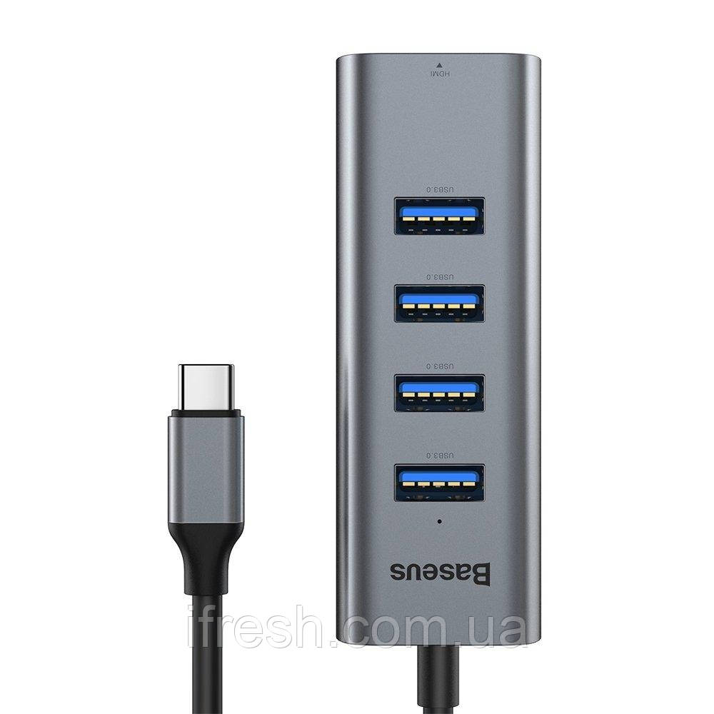 Перехідник Baseus Enjoy Type-C to USB3.0*4+HD4K HD intelligent HUB, Gray (CAHUB-N0G)
