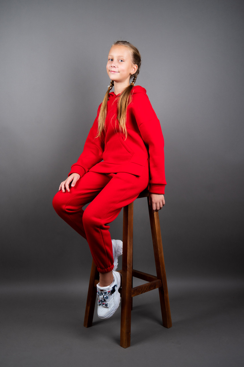 Костюм для дівчинки дитячий спортивний червоного кольору Костюм - двійка з капюшоном зимовий вік 6-10 років