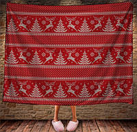 Плед с 3D принтом Оленей и елок на красно-синем. 150х200 см.