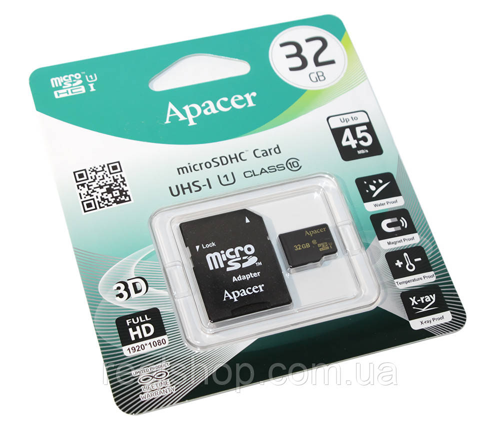 Картка пам'яті Apacer MicroSD 32 Gb Class 10 (AP32GMCSH10U1-R) + SD-adapter, фото 1
