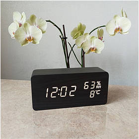 Годинник електронний настільний в дерев'яному корпусі VST-862S чорний (біла підсвітка)