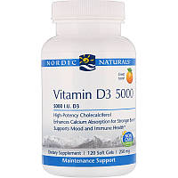 Витамин D3, Nordic Naturals "Vitamin D3 5000" со вкусом апельсина, 5000 МЕ (120 гелевых капсул)