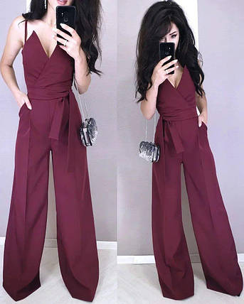 Стильний комбінезон зі штанами кльош верх на бретельці з декольте, фото 1