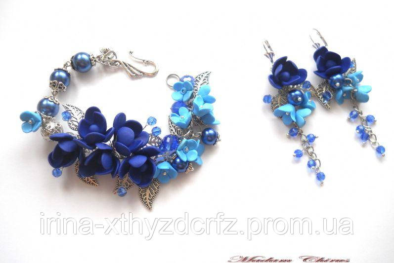 Браслет і сережки з блакитними квітами, синіми крокусами та перлами з полімерної глини для дівчат, фото 1