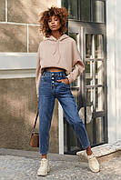 Модные женские свободные джинсы с завышенной талией укороченные 42-48 размера синие