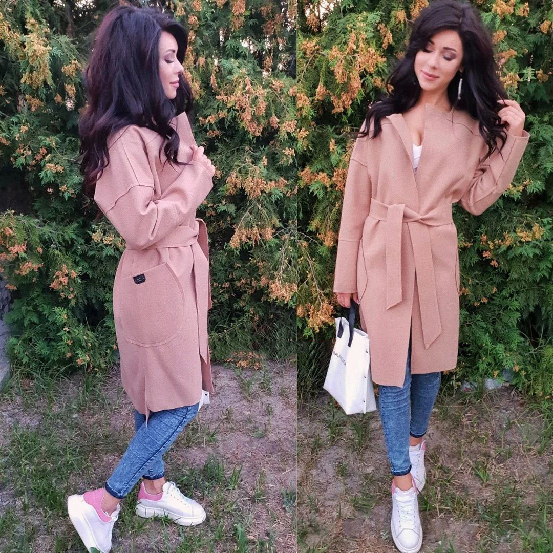 Пальто вільне з поясом і кишенями кашемір