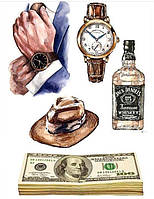 Вафельная картинка Мужской набор | Съедобные картинки Часы Деньги | Для мужчины картинки разные Формат А4