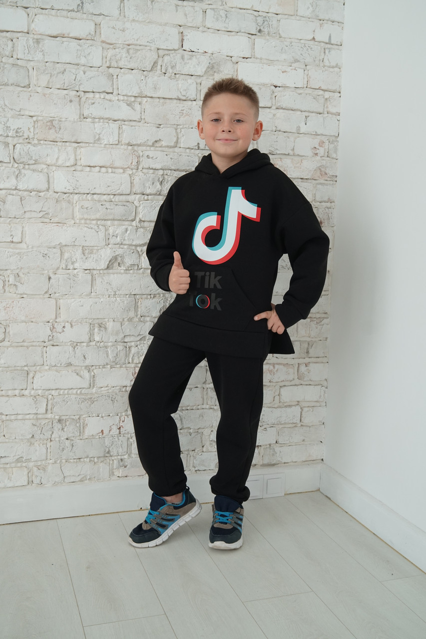 Костюм на хлопчика спортивний зимовий вік від 6 до 10 років дитячий теплий чорний з принтом