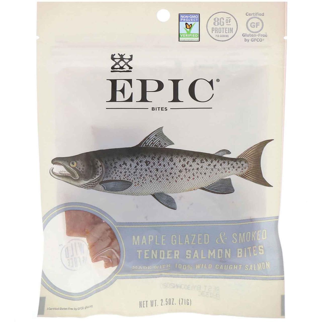 ОРИГИНАЛ!Рибні снеки Epic Bar, Ніжний копчений лосось, глазурований кленовим сиропом,71 грам виробництва США