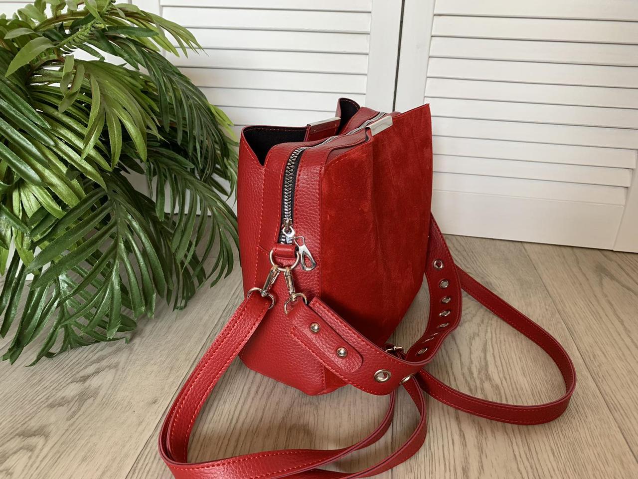 Женская замшевая модная красная сумочка сумка натуральный замш и экокожа - фото 3 - id-p1286397729