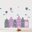 Вінілова інтер'єрна наклейка на стіну або меблі Містечко (амстердам, будиночки, повітряні кулі, літак, хмари), фото 2