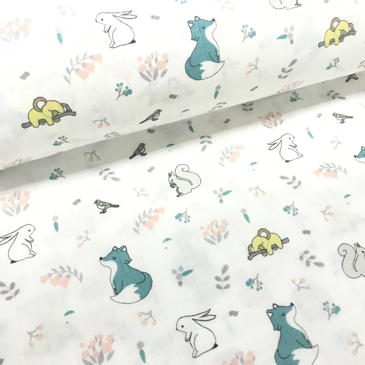 Тканина муслін Двошарова жовті коали, м'ятні лисички з білочками на білому (шир. 1,6 м) ().MS-S-0300, фото 1