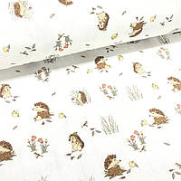 Ткань муслин Двухслойная коричневые ежики на пеньках с цветочками на белом (шир. 1,6 м) (MS-S-0179)