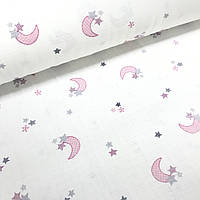 Ткань муслин Двухслойная серо-розовые звездочки и месяц с горошком на белом (шир. 1,8 м) (MS-W-0267)