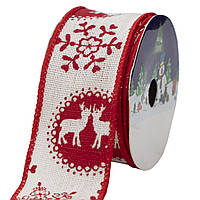 Декоративна стрічка в рулоні олень та сніжинка, d=4 см, 3м, білий, поліестер (080792-3)