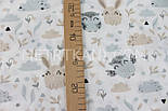 Лоскуток. Тканина бавовняна "Сови та зайчики" сіро-бежеві на білому тлі 76*160 см, фото 5