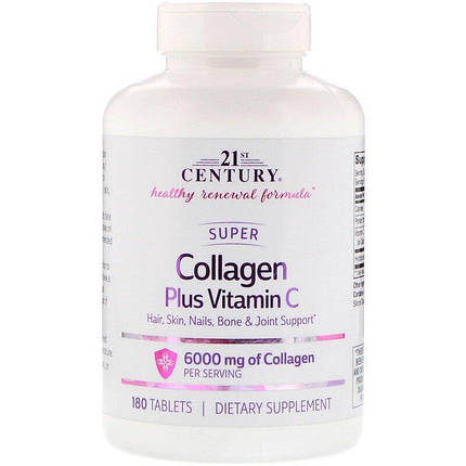 Спортивна добавка 21st Century Super Collagen Plus Vitamin C 6000 mg 180 Tabs, фото 2