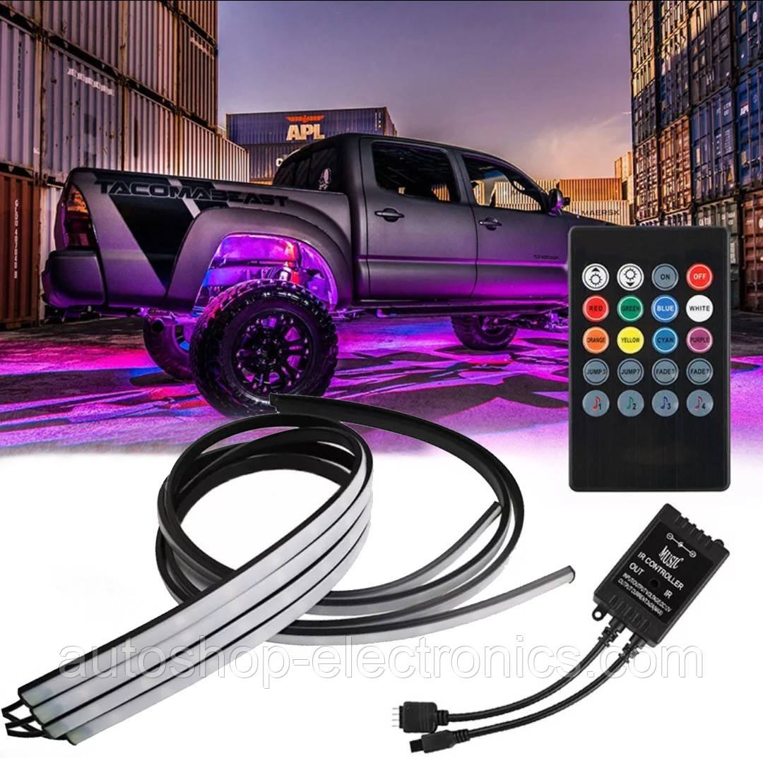 Підсвічування днища і салону автомобіля/ Світломузика + Пульт/ Світлодіодна RGB LED (2 шт х 90 см + 2 шт х 120 см), фото 1